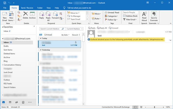 outlook blocked potentially unsafe attachment